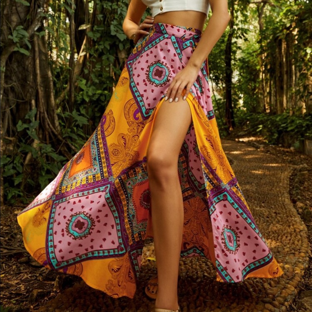 Boho Festival Floral Scarf Print Knot Side Slit Maxi Skirt - Picture 1 of 6